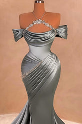 Elegant Silver Mermaid Strapless Halter Off-The-Shoulder Beaded Long Satin Evening Dresses With Ruffles